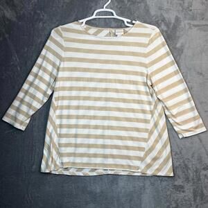 Chicos Womens Top Size 2 White Gold Striped Shimmer 3/4 Sleeve Stretch Modest